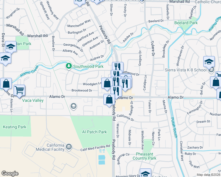 map of restaurants, bars, coffee shops, grocery stores, and more near 1976 Peabody Road in Vacaville