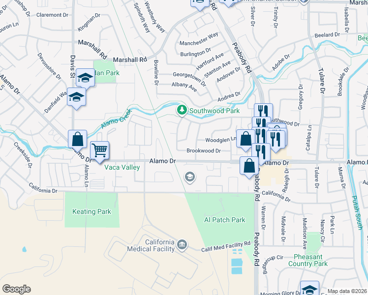 map of restaurants, bars, coffee shops, grocery stores, and more near 1748 Southwood Drive in Vacaville