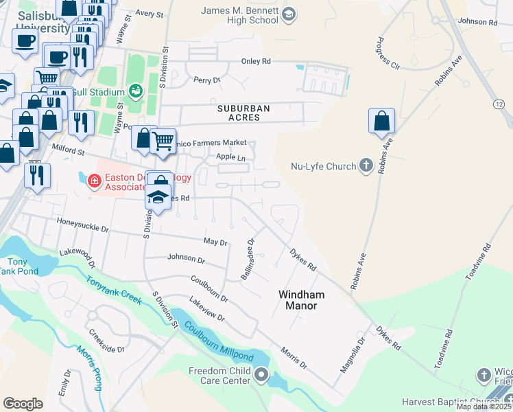 map of restaurants, bars, coffee shops, grocery stores, and more near 206 Winterborn Lane in Salisbury