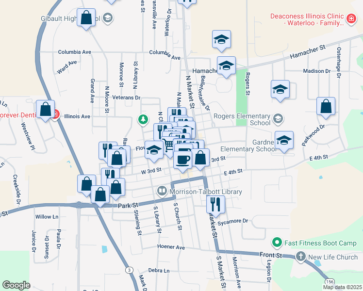 map of restaurants, bars, coffee shops, grocery stores, and more near 102 East 1st Street in Waterloo