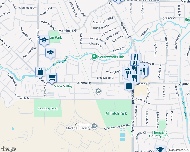 map of restaurants, bars, coffee shops, grocery stores, and more near 1748 Southwood Drive in Vacaville