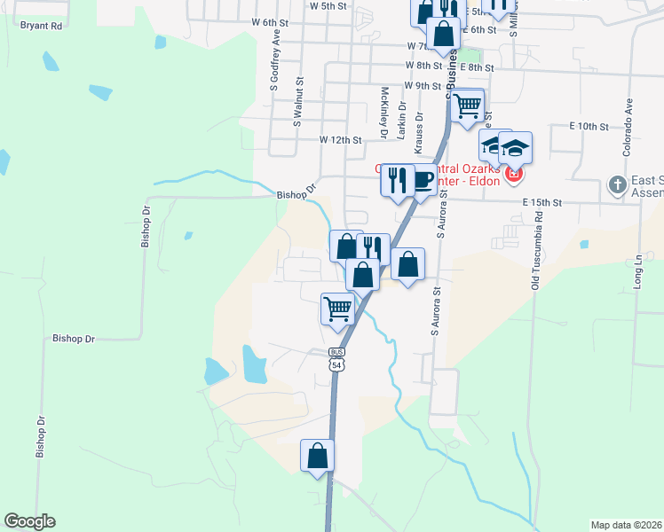 map of restaurants, bars, coffee shops, grocery stores, and more near 62-70 Hilltop Road in Eldon