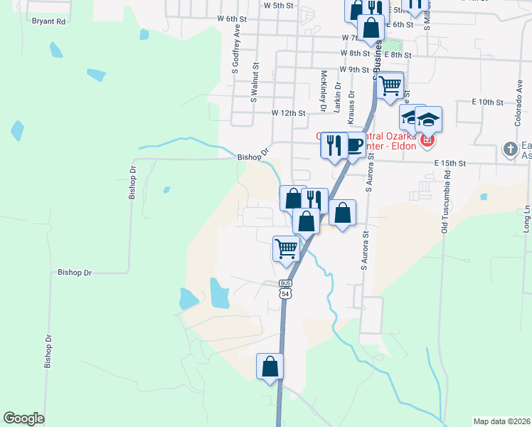 map of restaurants, bars, coffee shops, grocery stores, and more near Hilltop Rd in Eldon