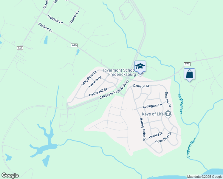 map of restaurants, bars, coffee shops, grocery stores, and more near 190 Castle Hill Drive in Fredericksburg
