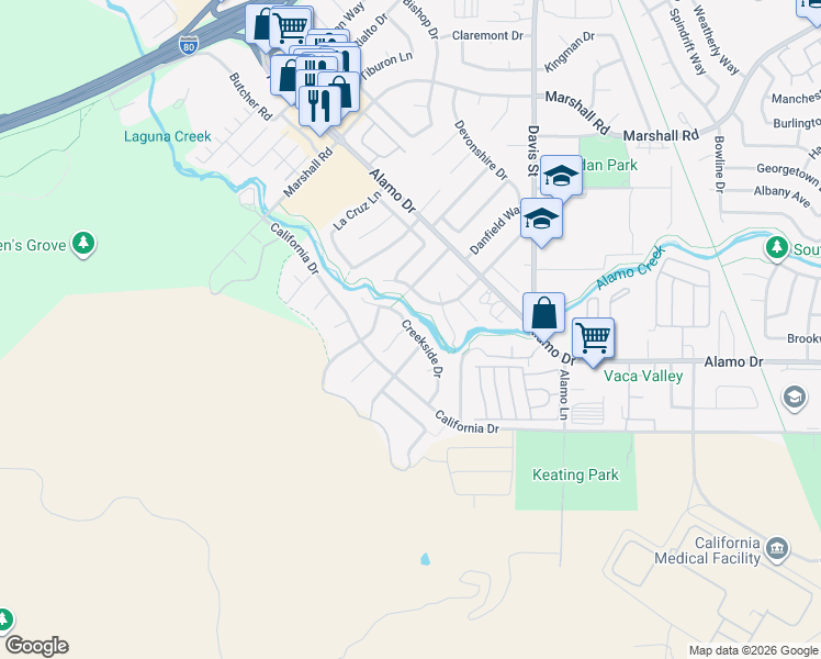 map of restaurants, bars, coffee shops, grocery stores, and more near 1100 Creekside Drive in Vacaville