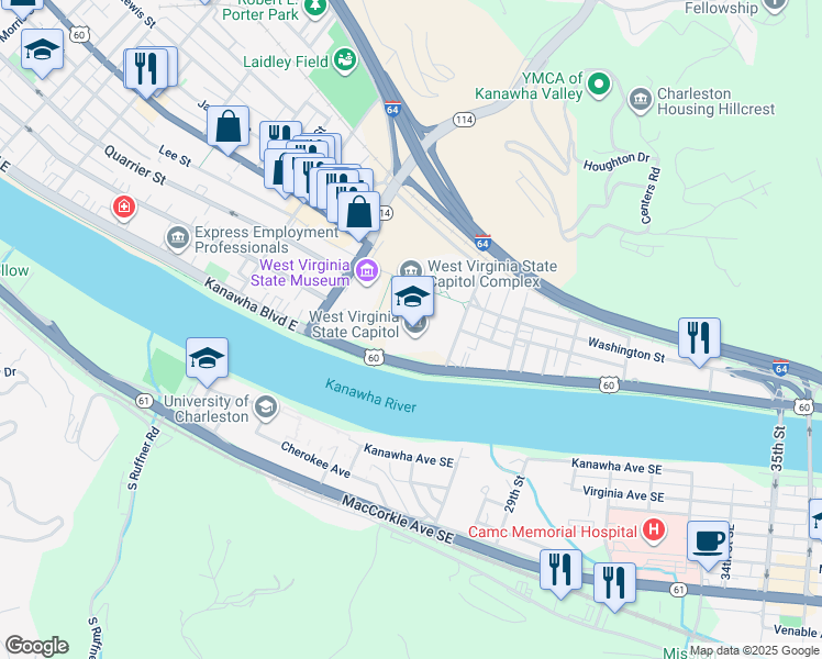 map of restaurants, bars, coffee shops, grocery stores, and more near in Charleston