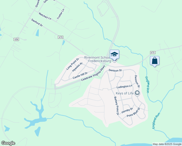 map of restaurants, bars, coffee shops, grocery stores, and more near 190 Castle Hill Drive in Fredericksburg