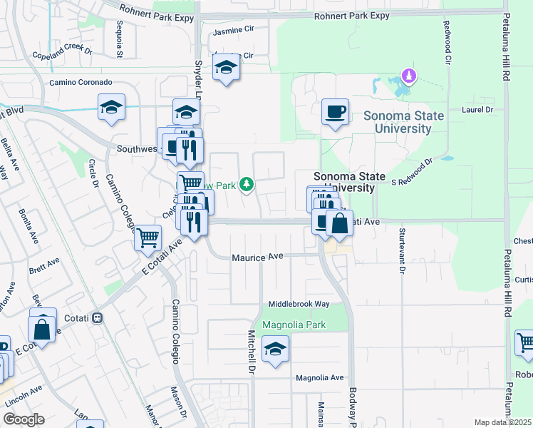 map of restaurants, bars, coffee shops, grocery stores, and more near in Rohnert Park