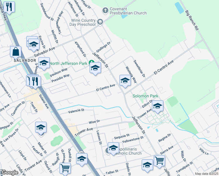 map of restaurants, bars, coffee shops, grocery stores, and more near 100 Paradise Drive in Napa