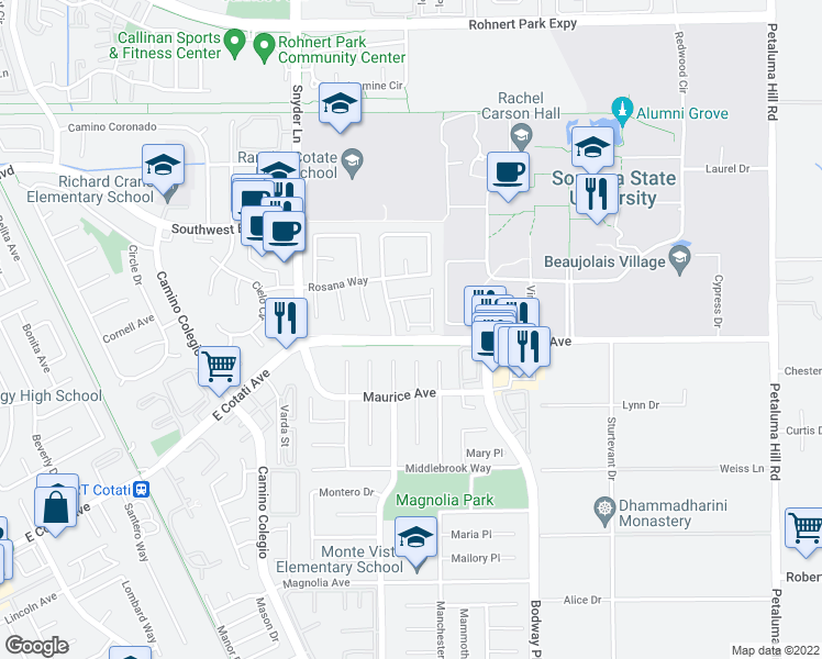 map of restaurants, bars, coffee shops, grocery stores, and more near 42 Regents Circle in Rohnert Park