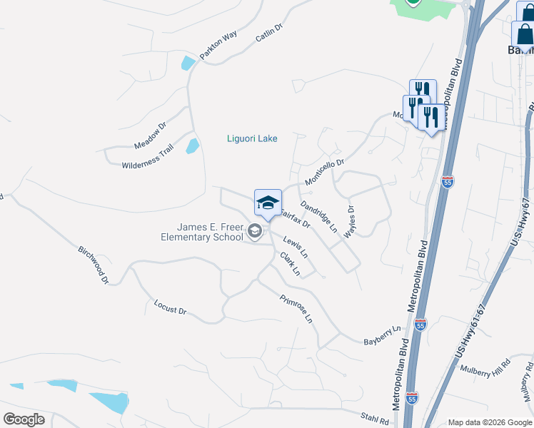 map of restaurants, bars, coffee shops, grocery stores, and more near 1804 Fairfax Drive in Barnhart
