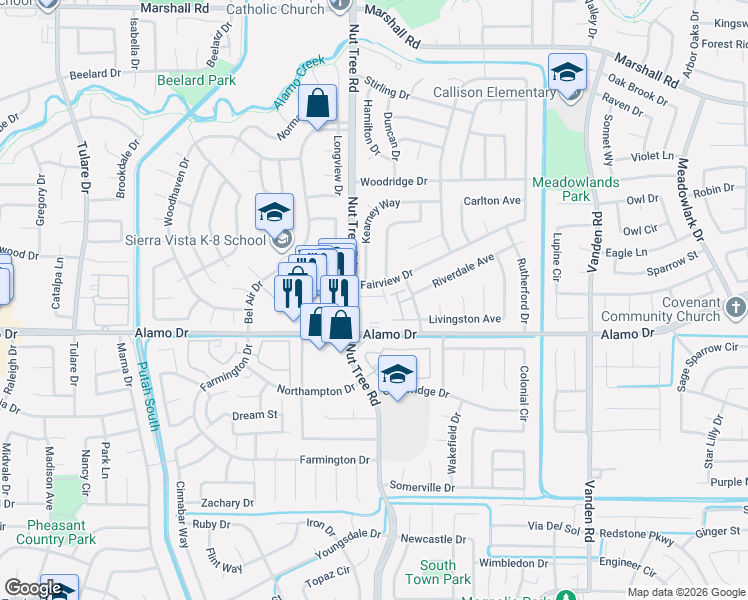 map of restaurants, bars, coffee shops, grocery stores, and more near 100 Fairview Drive in Vacaville