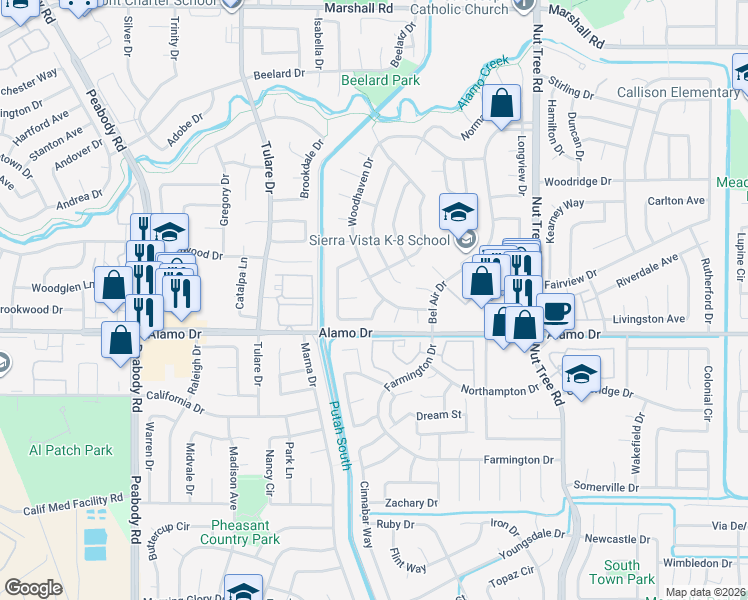 map of restaurants, bars, coffee shops, grocery stores, and more near 740 Greenwich Court in Vacaville