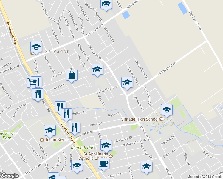 map of restaurants, bars, coffee shops, grocery stores, and more near 100 Paradise Drive in Napa