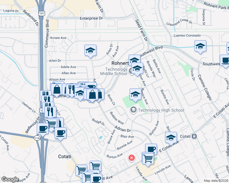 map of restaurants, bars, coffee shops, grocery stores, and more near 421 Alta Avenue in Rohnert Park