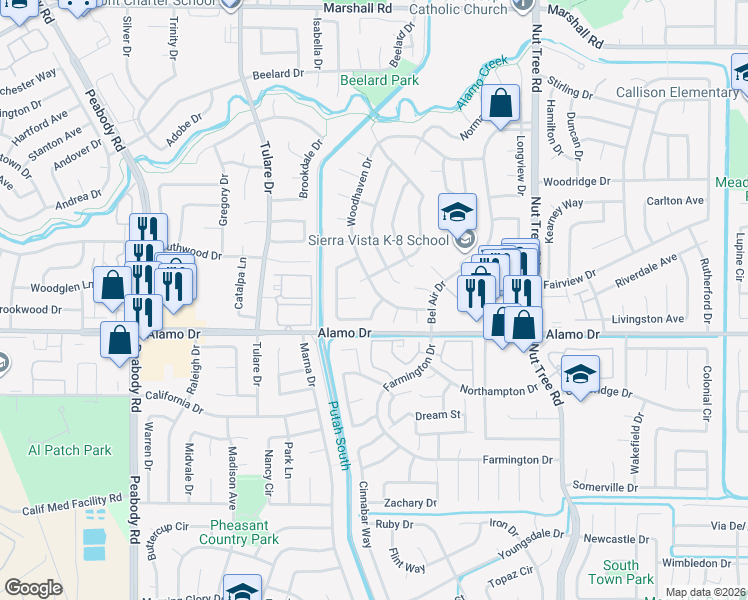 map of restaurants, bars, coffee shops, grocery stores, and more near 740 Greenwich Court in Vacaville