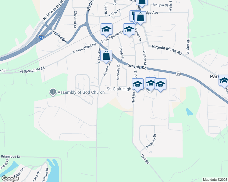 map of restaurants, bars, coffee shops, grocery stores, and more near 1290 Michelle Drive in Saint Clair