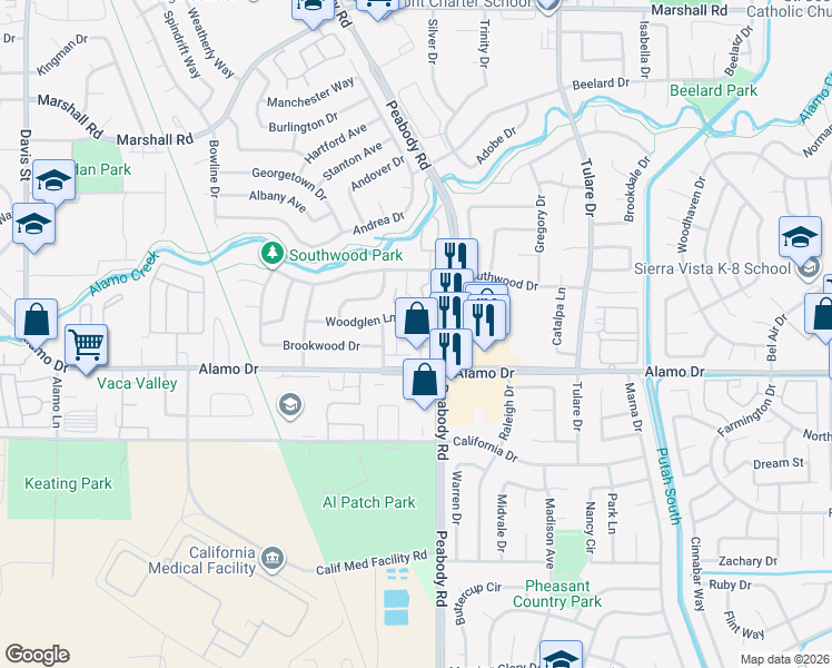 map of restaurants, bars, coffee shops, grocery stores, and more near 1940 Duxburry Lane in Vacaville