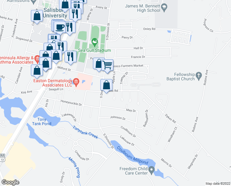 map of restaurants, bars, coffee shops, grocery stores, and more near 1401 Galway Circle in Salisbury