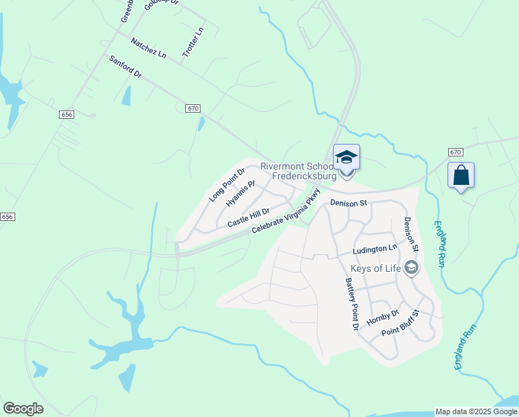 map of restaurants, bars, coffee shops, grocery stores, and more near 171 Castle Hill Drive in Fredericksburg