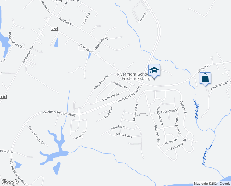 map of restaurants, bars, coffee shops, grocery stores, and more near 171 Castle Hill Drive in Fredericksburg
