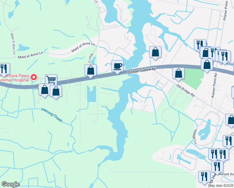 map of restaurants, bars, coffee shops, grocery stores, and more near 12203 Nanas Way Lane in Ocean City