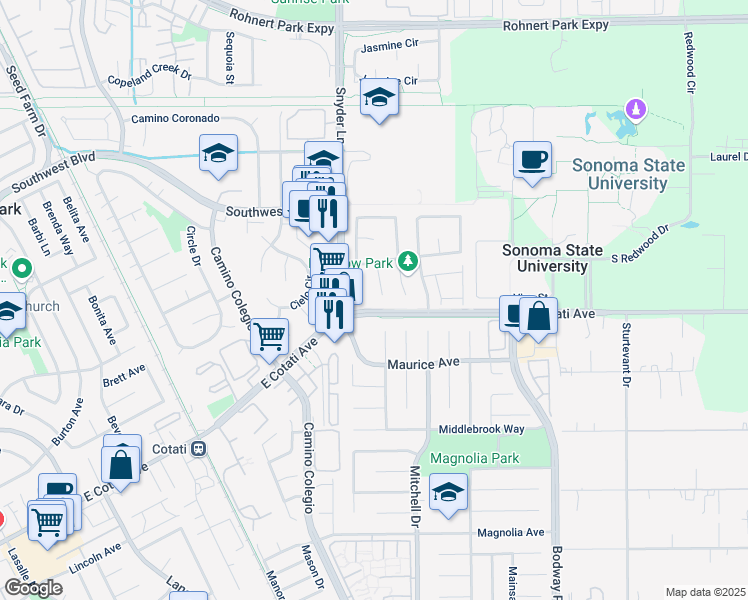 map of restaurants, bars, coffee shops, grocery stores, and more near 7218 Ruby Court in Rohnert Park