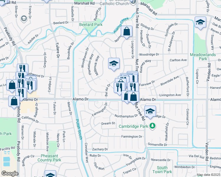 map of restaurants, bars, coffee shops, grocery stores, and more near 166 Incline Court in Vacaville