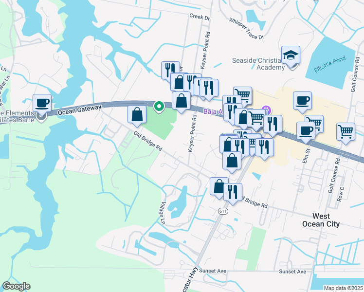 map of restaurants, bars, coffee shops, grocery stores, and more near 9827 Keyser Point Road in Ocean City