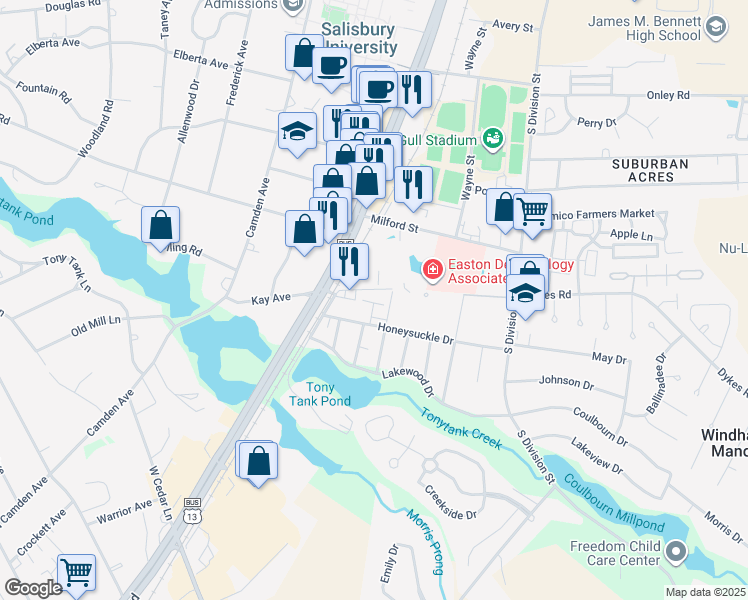 map of restaurants, bars, coffee shops, grocery stores, and more near 1402 Seagull Lane in Salisbury