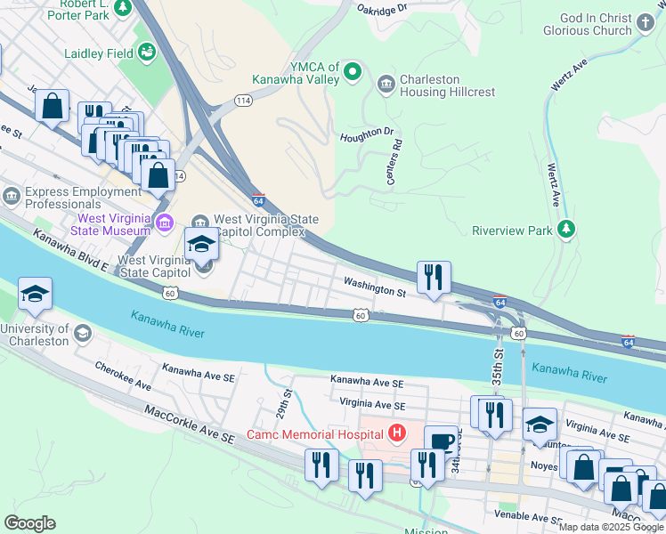 map of restaurants, bars, coffee shops, grocery stores, and more near 103 Veazey Street in Charleston