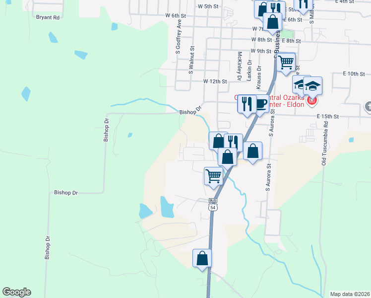 map of restaurants, bars, coffee shops, grocery stores, and more near Hilltop Rd in Eldon