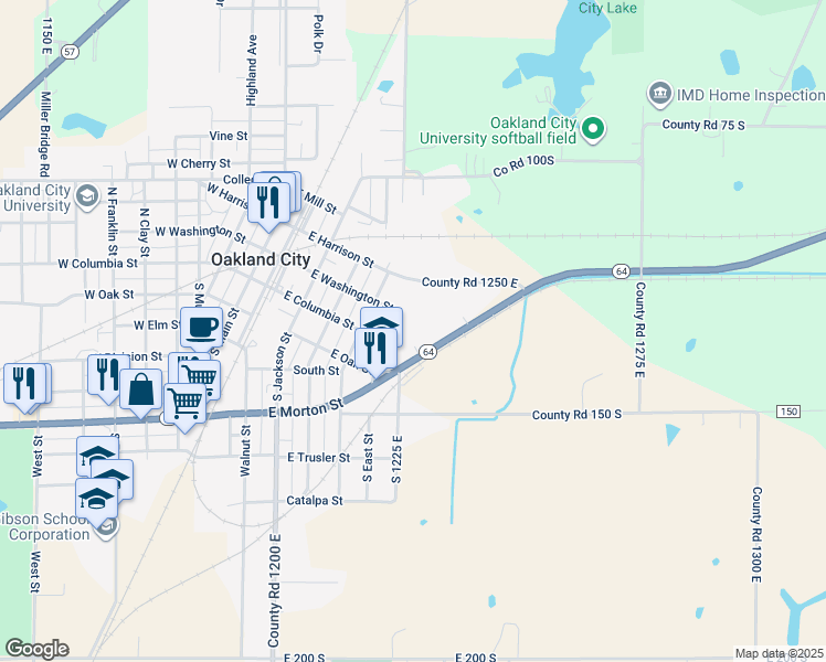 map of restaurants, bars, coffee shops, grocery stores, and more near 121 North East Street in Oakland City