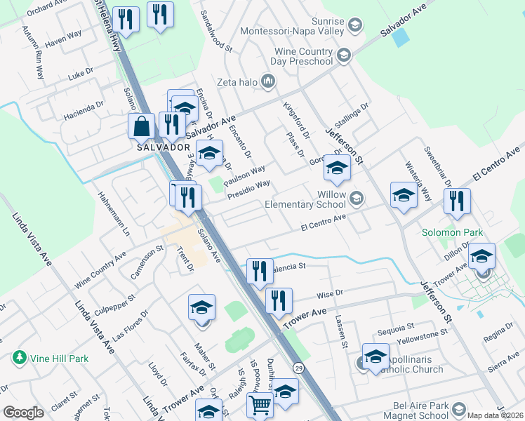 map of restaurants, bars, coffee shops, grocery stores, and more near 4145 Vía La Paz in Napa