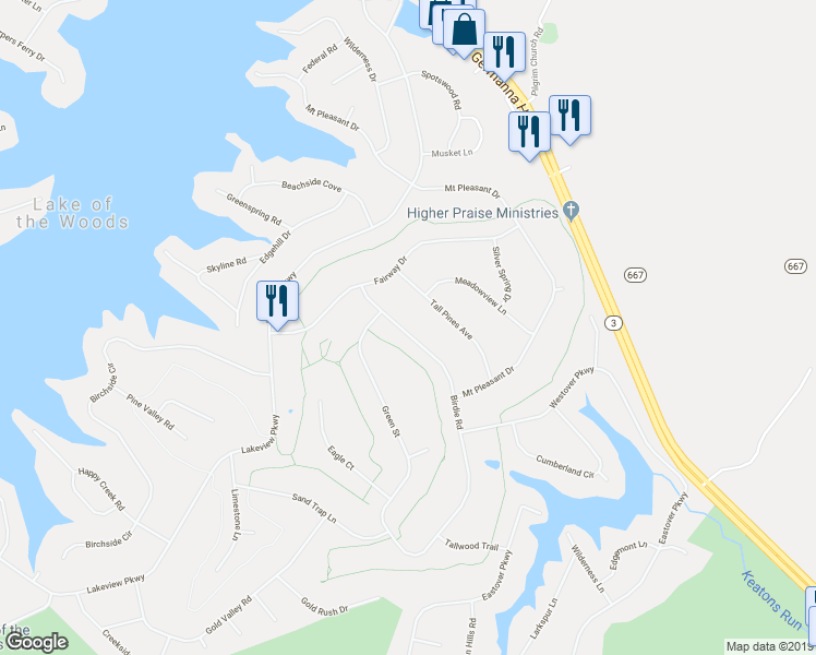 map of restaurants, bars, coffee shops, grocery stores, and more near 227 Birdie Road in Locust Grove