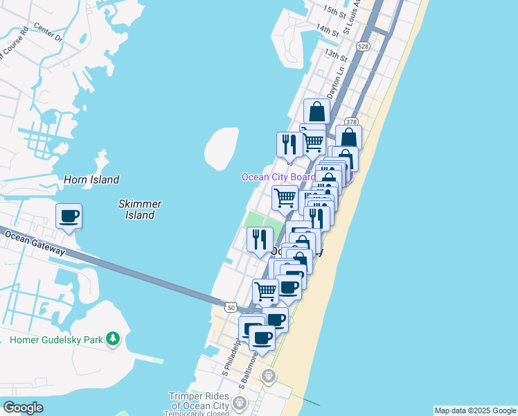 map of restaurants, bars, coffee shops, grocery stores, and more near in Ocean City