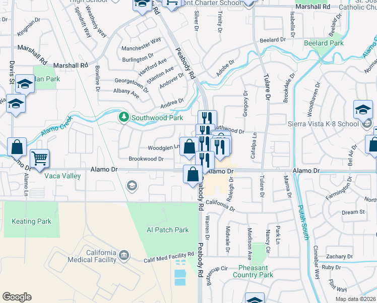 map of restaurants, bars, coffee shops, grocery stores, and more near 1950 Duxburry Lane in Vacaville
