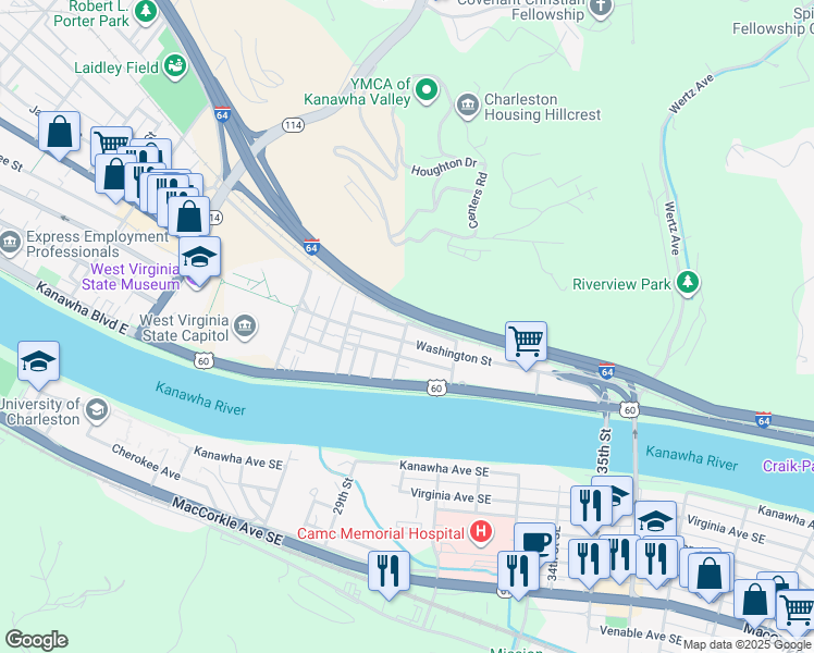 map of restaurants, bars, coffee shops, grocery stores, and more near Virginia Terrace in Charleston