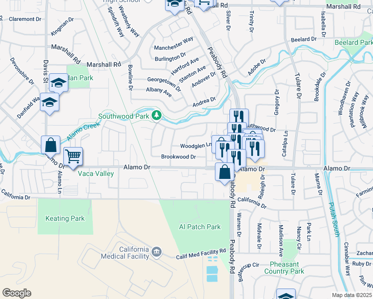map of restaurants, bars, coffee shops, grocery stores, and more near 1894 Woodglen Lane in Vacaville