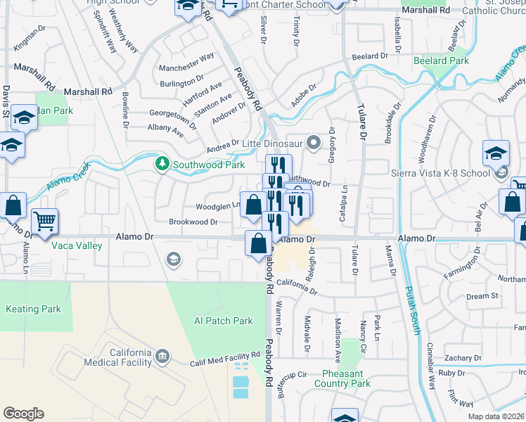 map of restaurants, bars, coffee shops, grocery stores, and more near 1976 Peabody Road in Vacaville