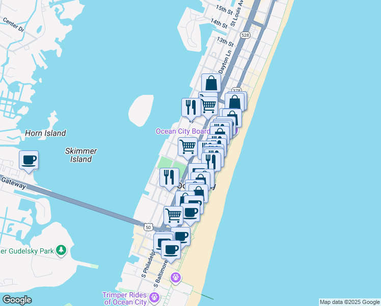 map of restaurants, bars, coffee shops, grocery stores, and more near in Ocean City