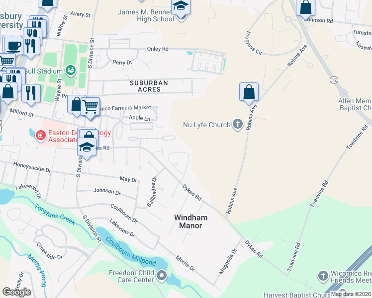 map of restaurants, bars, coffee shops, grocery stores, and more near 1341 Aspen Drive in Salisbury