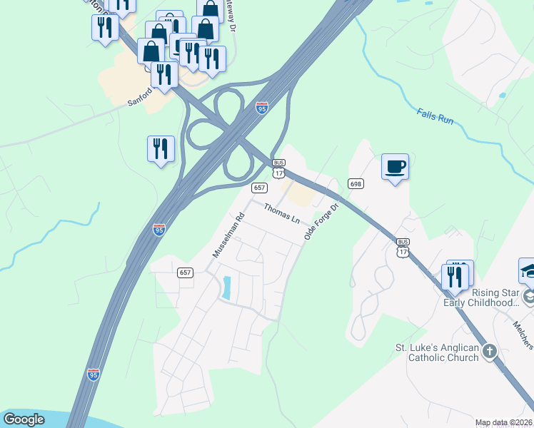map of restaurants, bars, coffee shops, grocery stores, and more near 1100 Thomas Lane in Fredericksburg