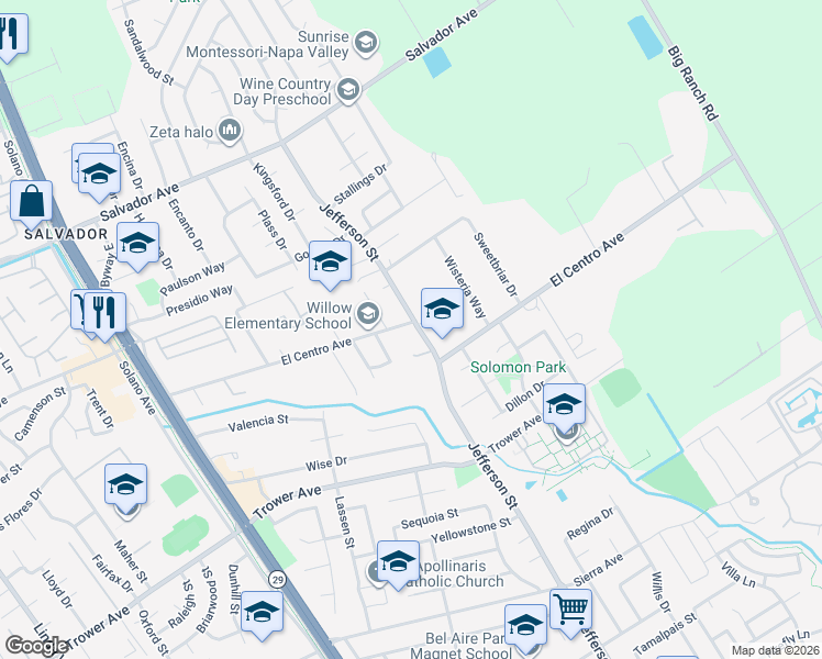 map of restaurants, bars, coffee shops, grocery stores, and more near 4042 Jefferson Street in Napa