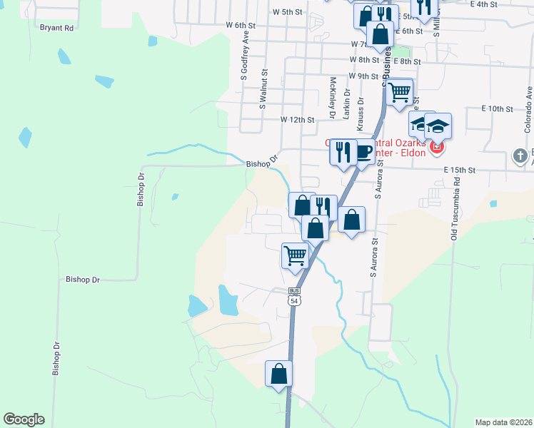 map of restaurants, bars, coffee shops, grocery stores, and more near 62 Hilltop Road in Eldon