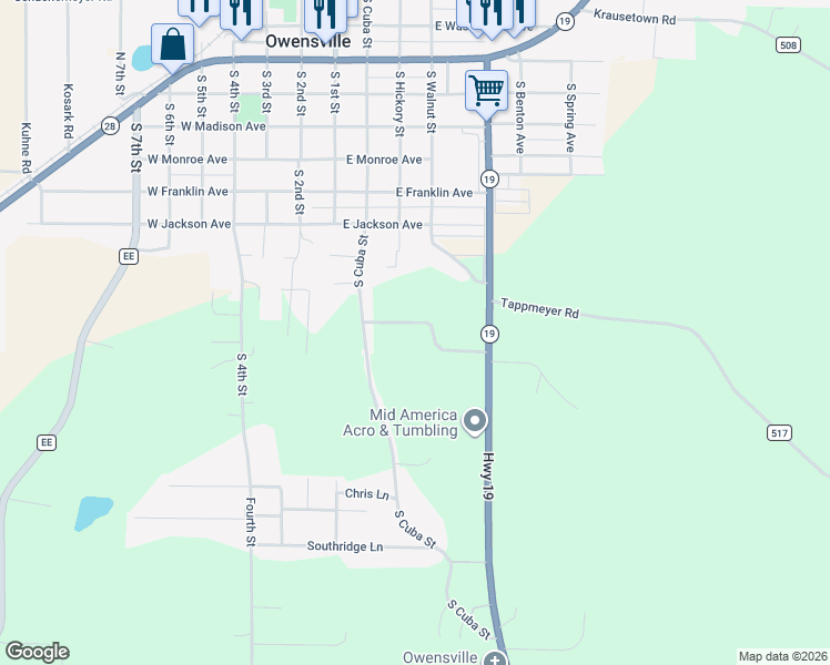 map of restaurants, bars, coffee shops, grocery stores, and more near 3581 Pin Oaks Estates in Owensville
