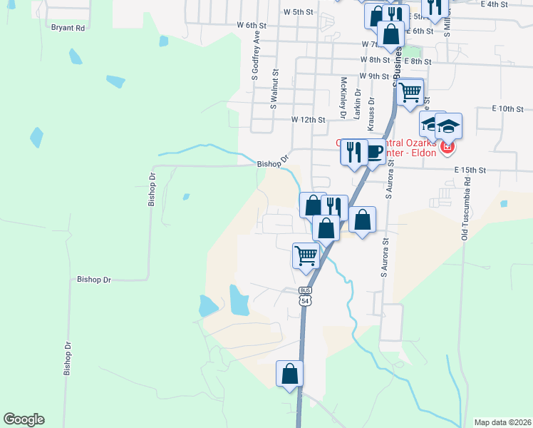 map of restaurants, bars, coffee shops, grocery stores, and more near 38 Hilltop Road in Eldon