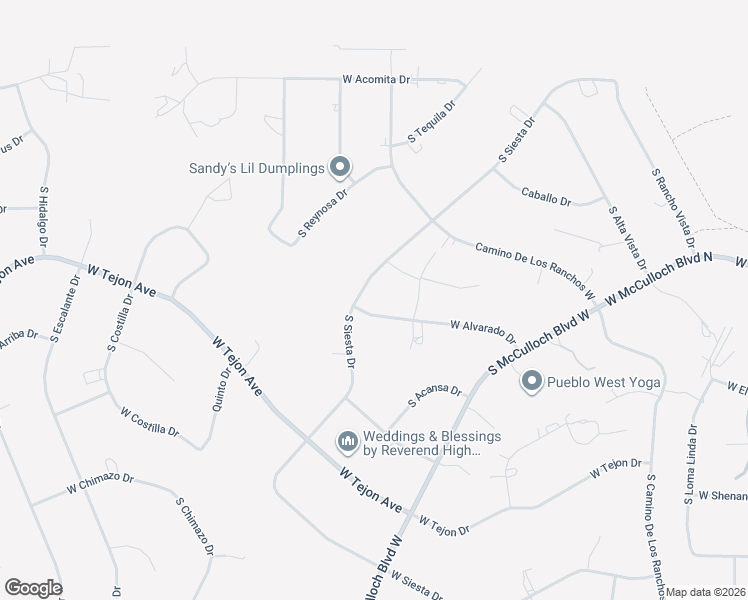 map of restaurants, bars, coffee shops, grocery stores, and more near 288 South Siesta Drive in Pueblo West