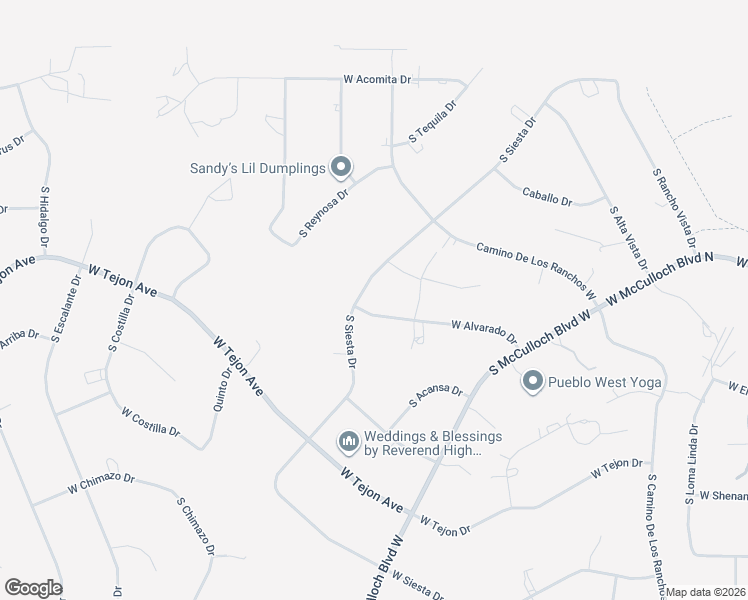 map of restaurants, bars, coffee shops, grocery stores, and more near 288 South Siesta Drive in Pueblo West