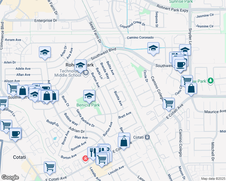 map of restaurants, bars, coffee shops, grocery stores, and more near 7482 Beverly Drive in Rohnert Park